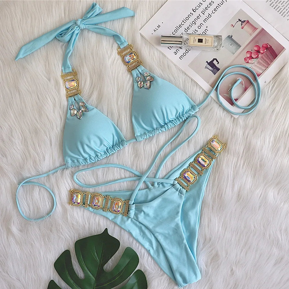DEKA Solid Green Rhinestones Bikini Set Women Push Up Glitter Diamond Swimsuit Chain Metal Bathing Suit Luxury Thong Swimwear