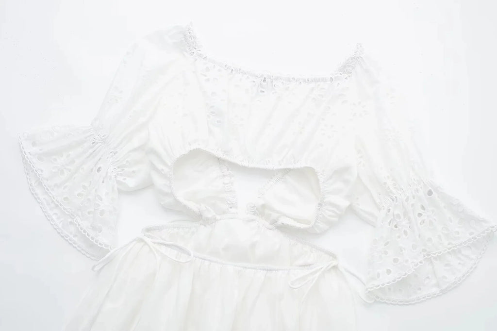 Foridol Lace Summer White Dress Women Puff Sleeve Embriodery Waist Cut Out Beach Short Sexy Cotton Dress Backless 2025 Sundress