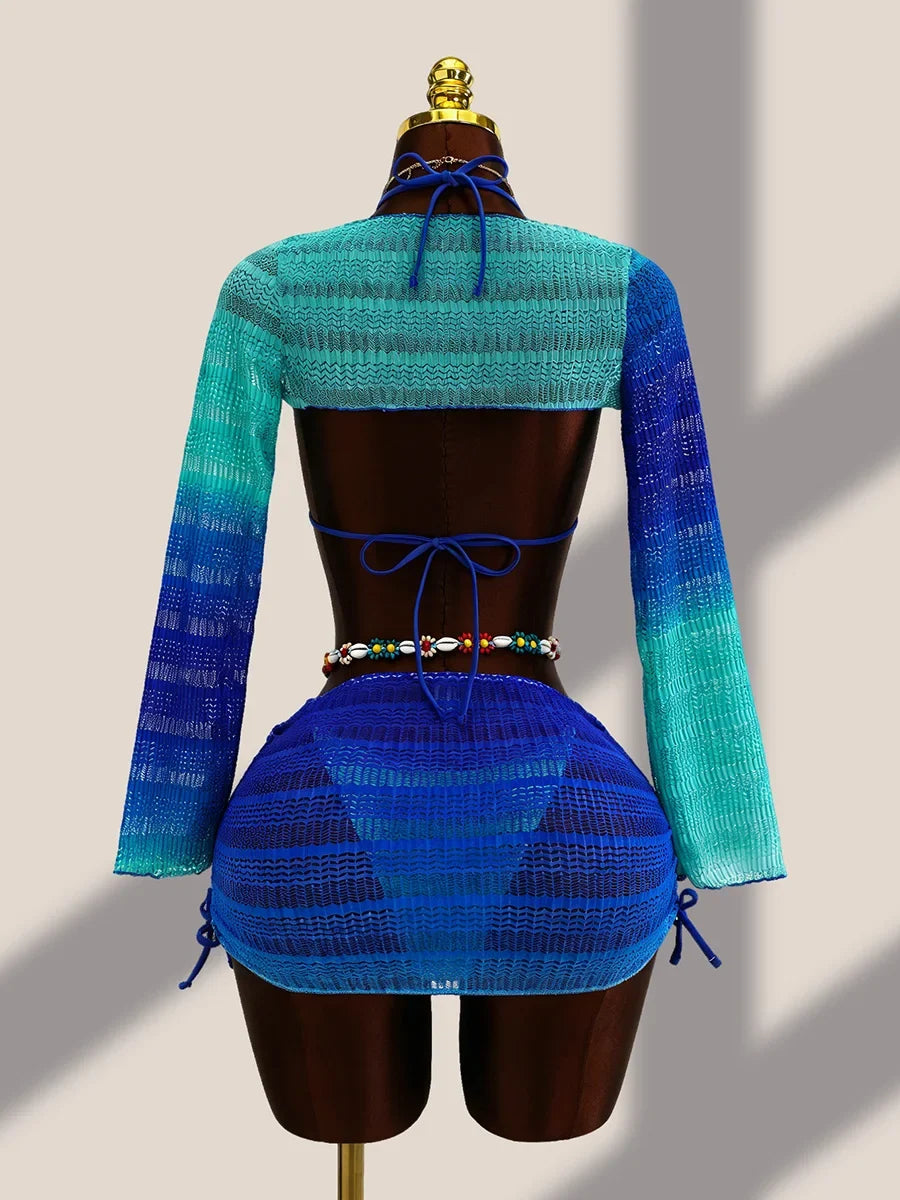 4PCS with Cover Up Skirt Gradient Knit Bikini Women Swimwear Female Swimsuit Four-pieces Bikini Set Bathing Suit Swim Beachwear