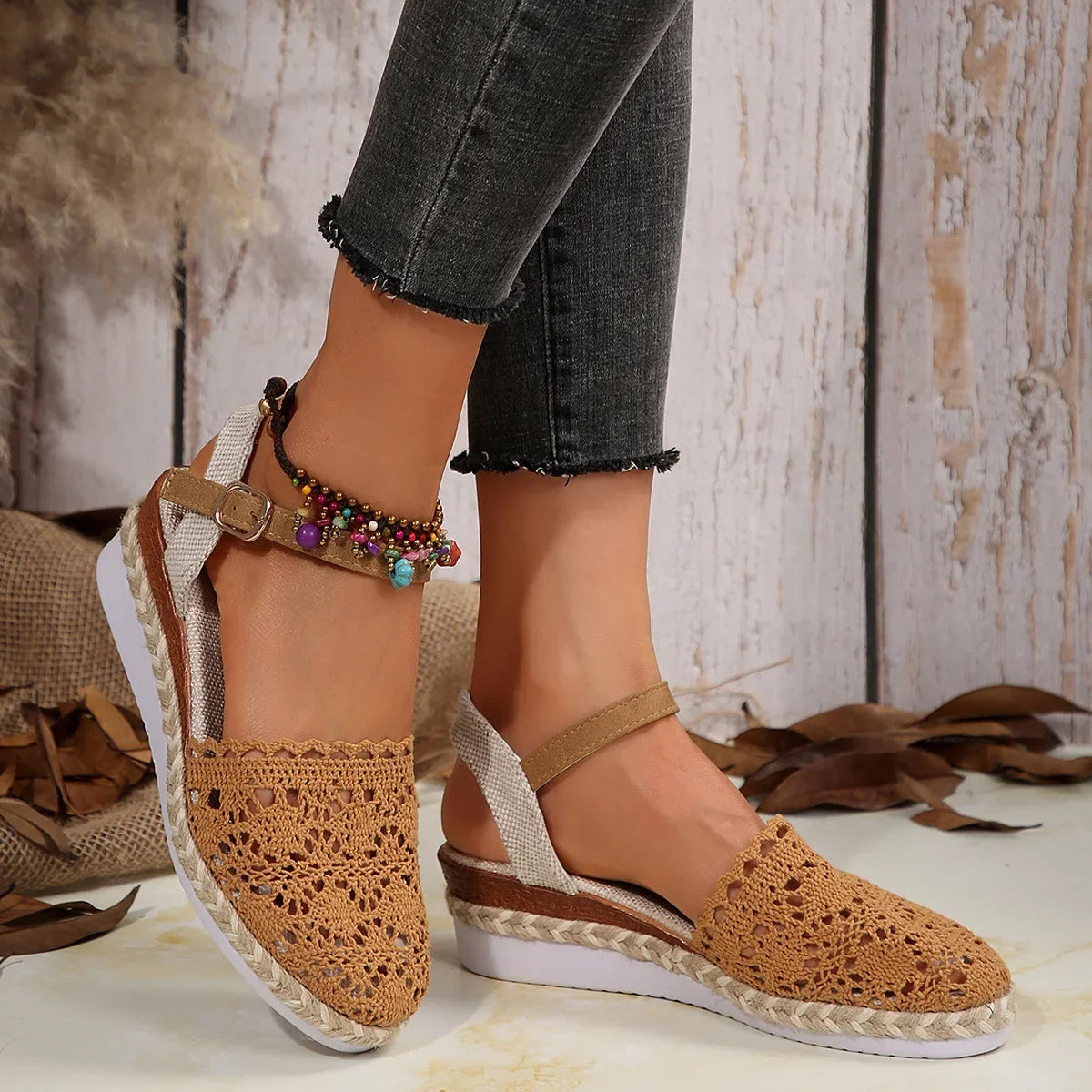 Hollow Fabric Roman Shoes Summer Travel Round Head Wedge Toe Fashion Sandals Comfortable Thick-sole Women's Shoes 2026