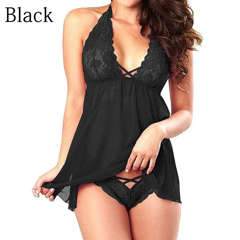 Summer Nightdress Open Back Sleeping Dress for Women Sexy Lingerie Halter Chemise Lace Babydoll Mesh Nightwear V Neck Teddy