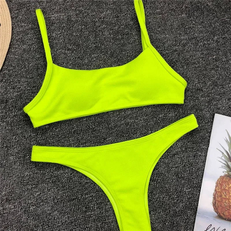 Sexy Neon Yellow Ribbed Brazilian Bikini Women Swimwear Female Swimsuit Two-pieces Bikini Set High Cut Bather Bathing Suit Swim