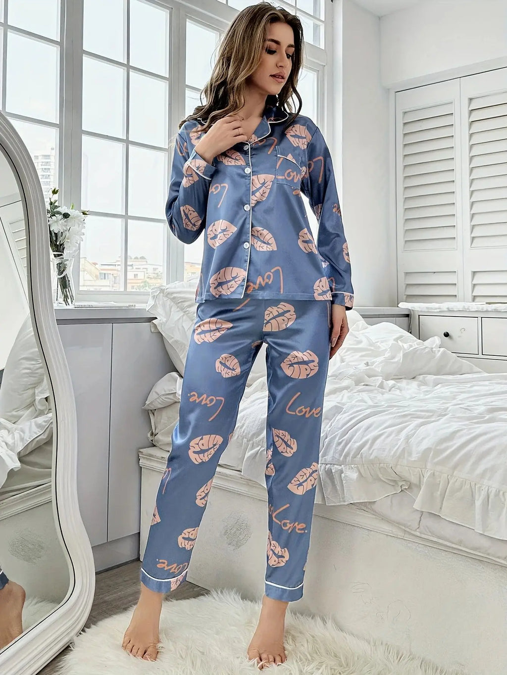 Home wear pajamas ice silk long sleeves trousers thin pajamas