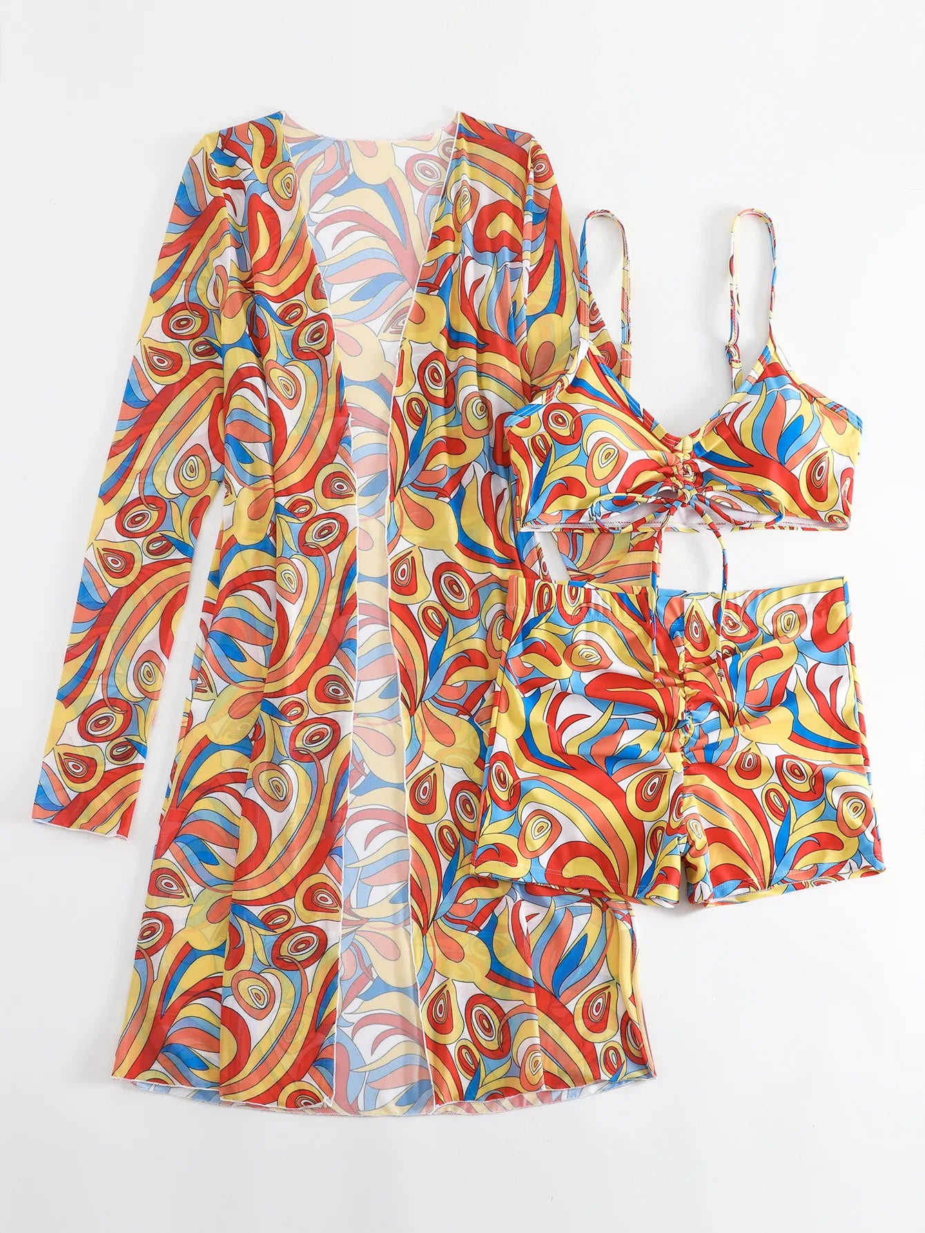 New Sexy 3 Pieces Suit for Women Neck Hanging Bikini Set+Cover-up Swimwear Sunproof Tankini High Waist Shorts Swimsuit Beachwear