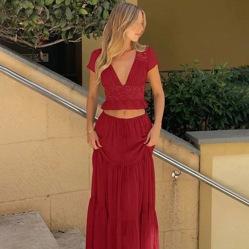 FDYOUI Sexy V-neck Lace Patchwork T-shirt Tops+Long Skirt 2 Piece Set Women's Summer Green Holiday Party Dress Suit Streetwear
