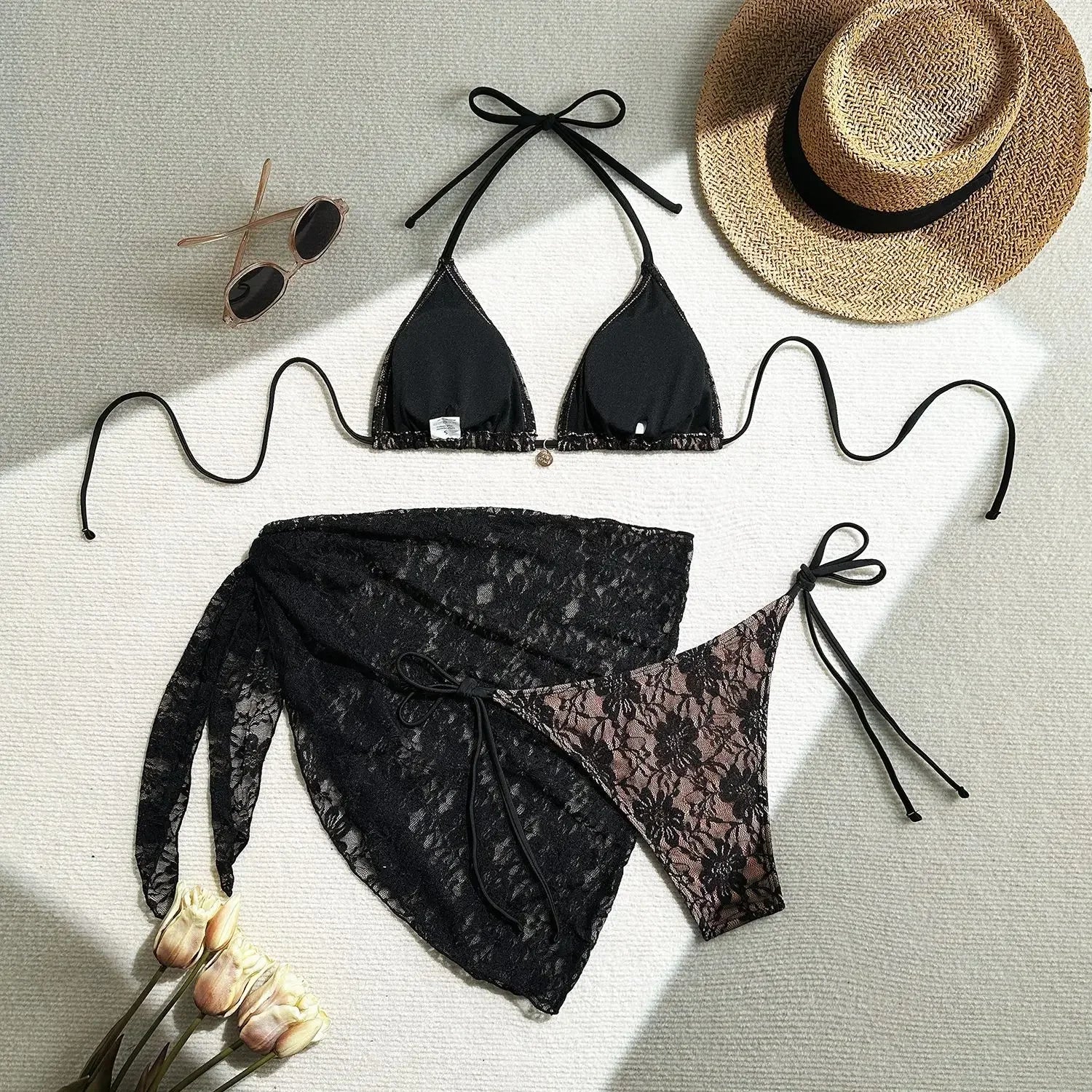 Sexy Lace Micro Mini String Halter Bikinis Sets 3pcs with Cover Skirt Black and Red 2 Color Swimwear Swimsuit Bathing Suit