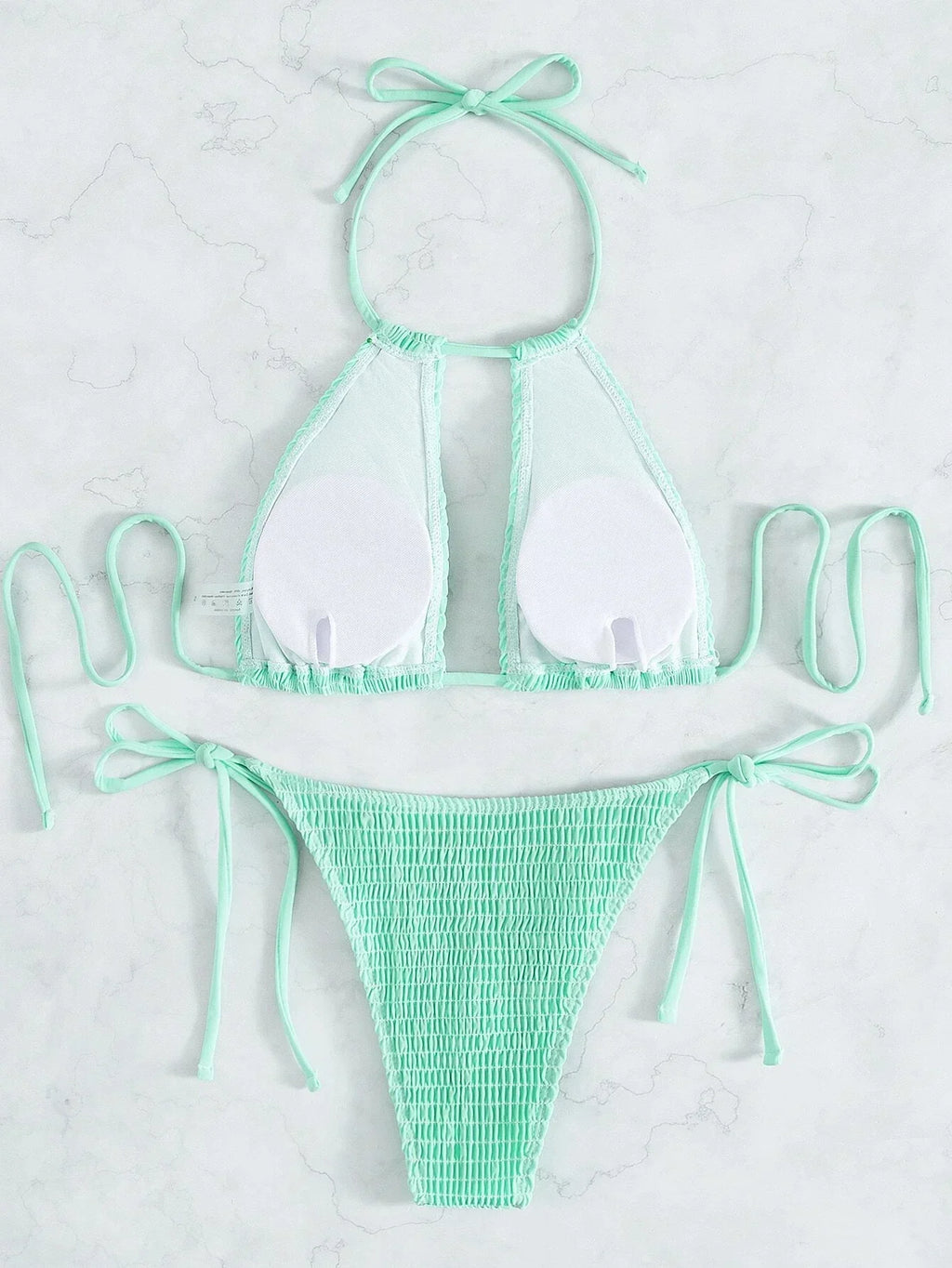 2025 Halter Tie Side Hollow Out Smocked Bikini Women Swimsuit Female Swimwear Two Pieces Bikini Set Swim Bathing Suit Beach Wear