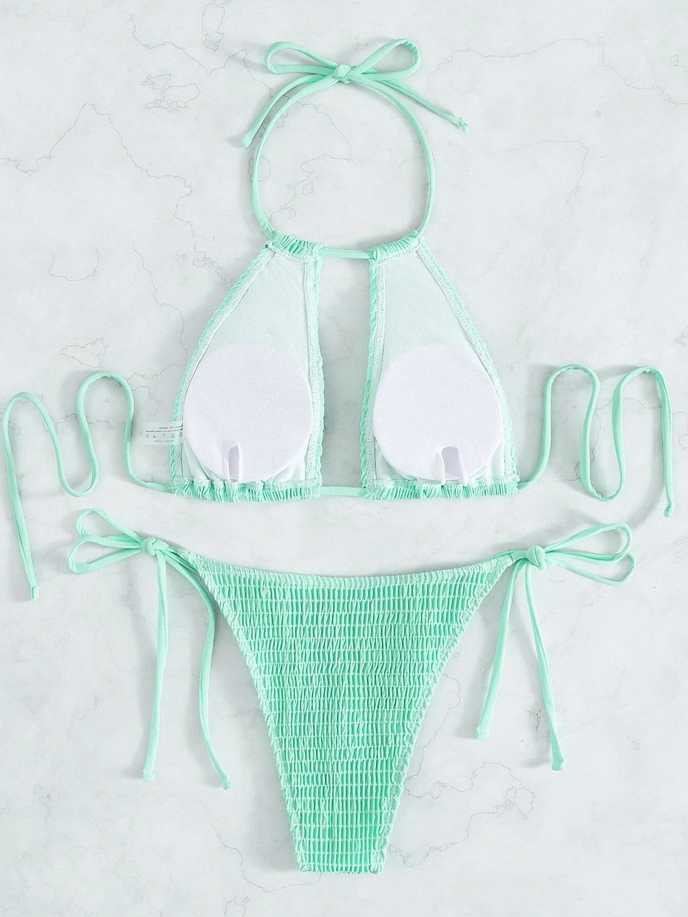 2025 Halter Tie Side Hollow Out Smocked Bikini Women Swimsuit Female Swimwear Two Pieces Bikini Set Swim Bathing Suit Beach Wear
