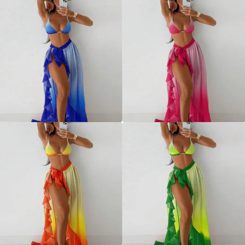 Sexy Green Tie Dye Gradient Bikini Set Women Mesh Split Long Skirt 3 Piece Swimsuit 2026 Bathing Suit Holiday Swimwear Biquini
