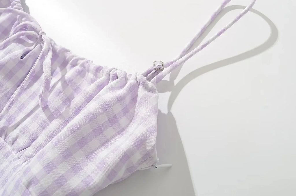 Foridol Spaghetti Strap Tie Up Plaid Dress Women Summer Beach Midi Sundress Strapless Retro Pink Short Vestidos Female Dress