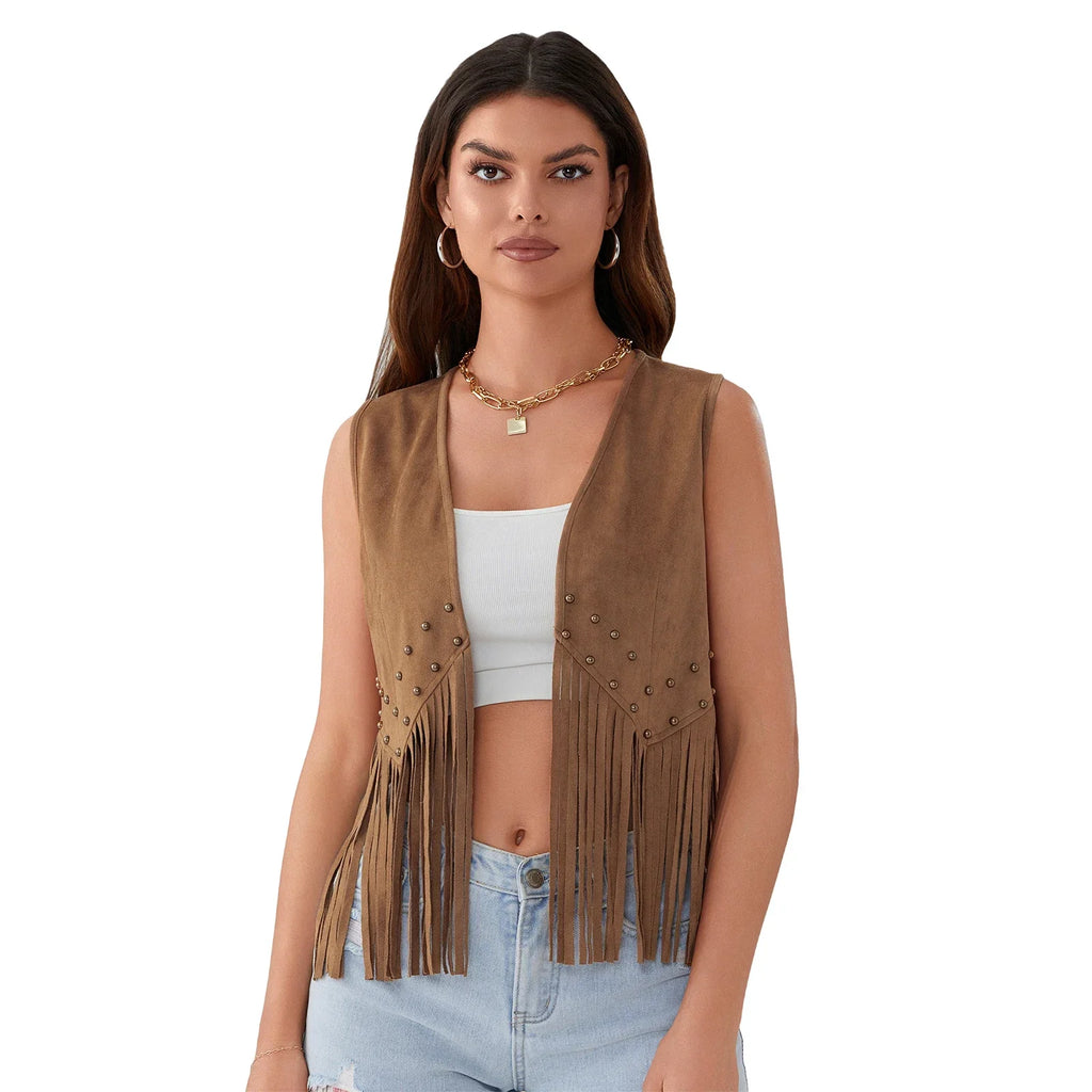 Women Riveted Tassel Vest Coat Sleeveless Cardigan Tops Coat Summer Casual Waistcoat Gilet