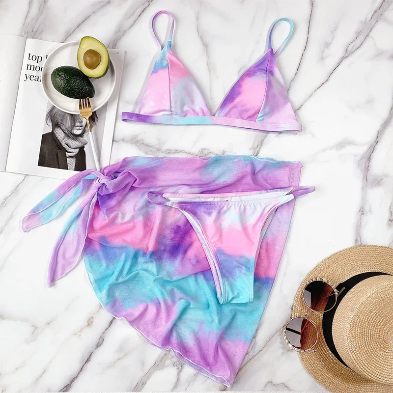 With Mesh Skirt Sarong Tie Dye Micro Bikini Women Swimsuit Female Swimwear Three Pieces Bikini Set Bathing Suit Swim Beachwear