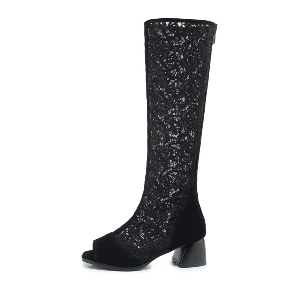 Fashion Women Knee High Boots Square Heel Zipper Sexy Lace Mesh Boots Spring Cool Boots Breathable Women's Shoes Botas De Mujer