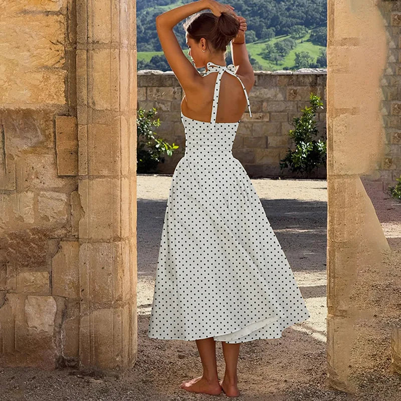 FDYOUI Chic Halter Polka Dot Vacation Dresses for Woman 2026 Summer Lace-up Backless High Waist Tunics Ruched A-line Party Dress
