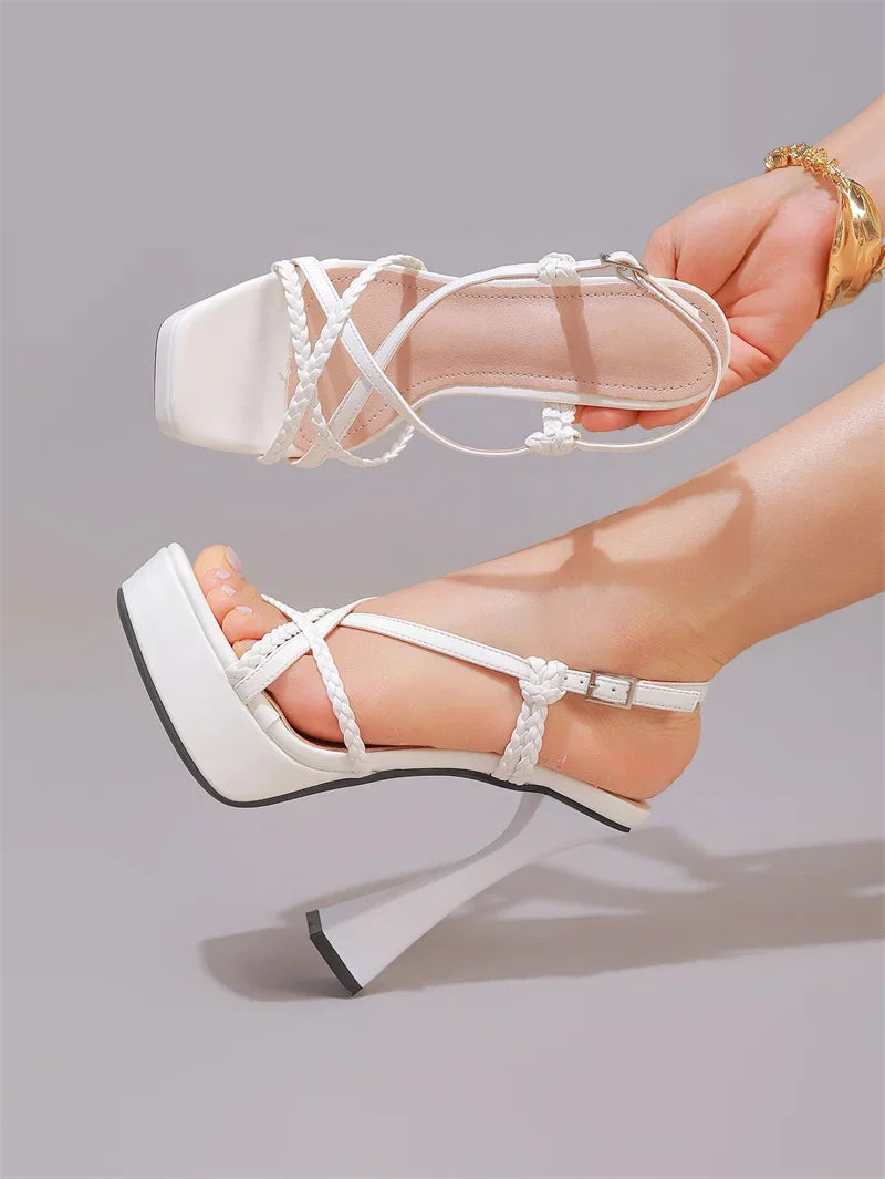 2027 New Arrival Weave Narrow Band Back Buckle Strap Women Platform Sandals Strange High Heels  Party Dress Shoes Size 42
