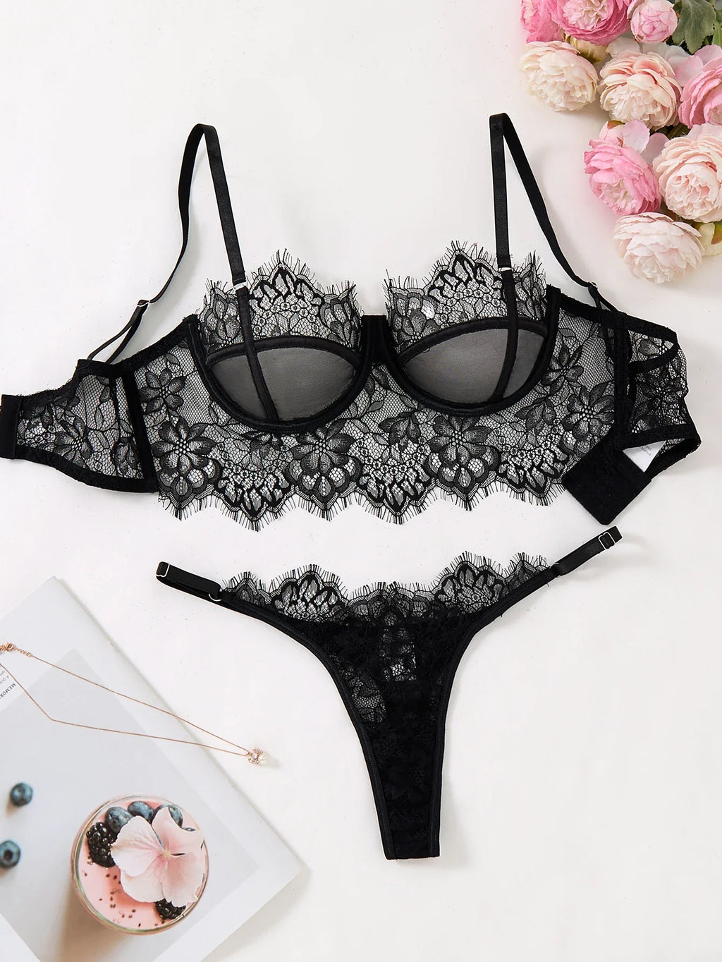 Ladies Sexy Lace Underwear Set Lace Flower Embellished Bra And G-string Sexy Feminine Briefs for Women