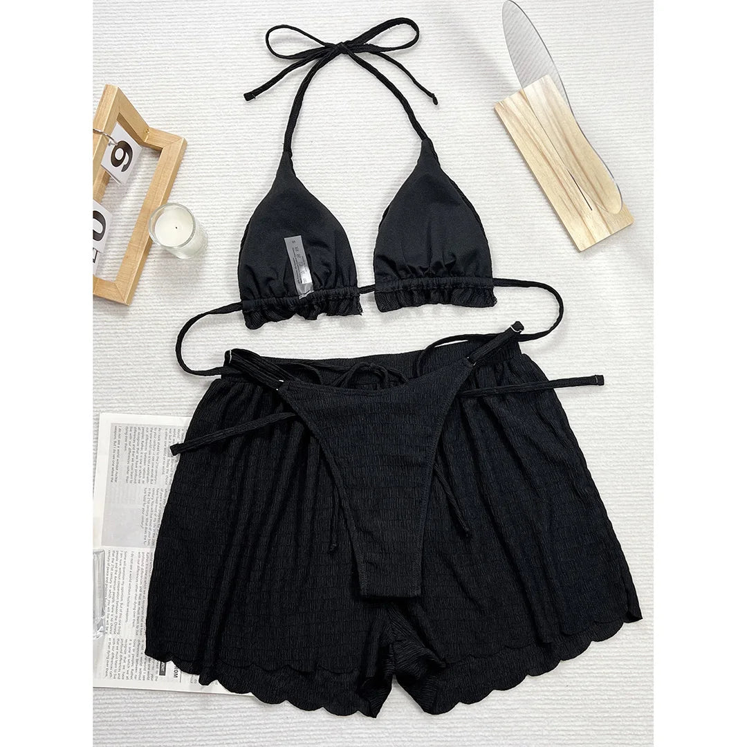 Ruffled Firlled Halter Bikini Women Swimwear Female Swimsuit Three-Pieces Bikini Set With Shorts Bather Bathing Suit Swim V5673