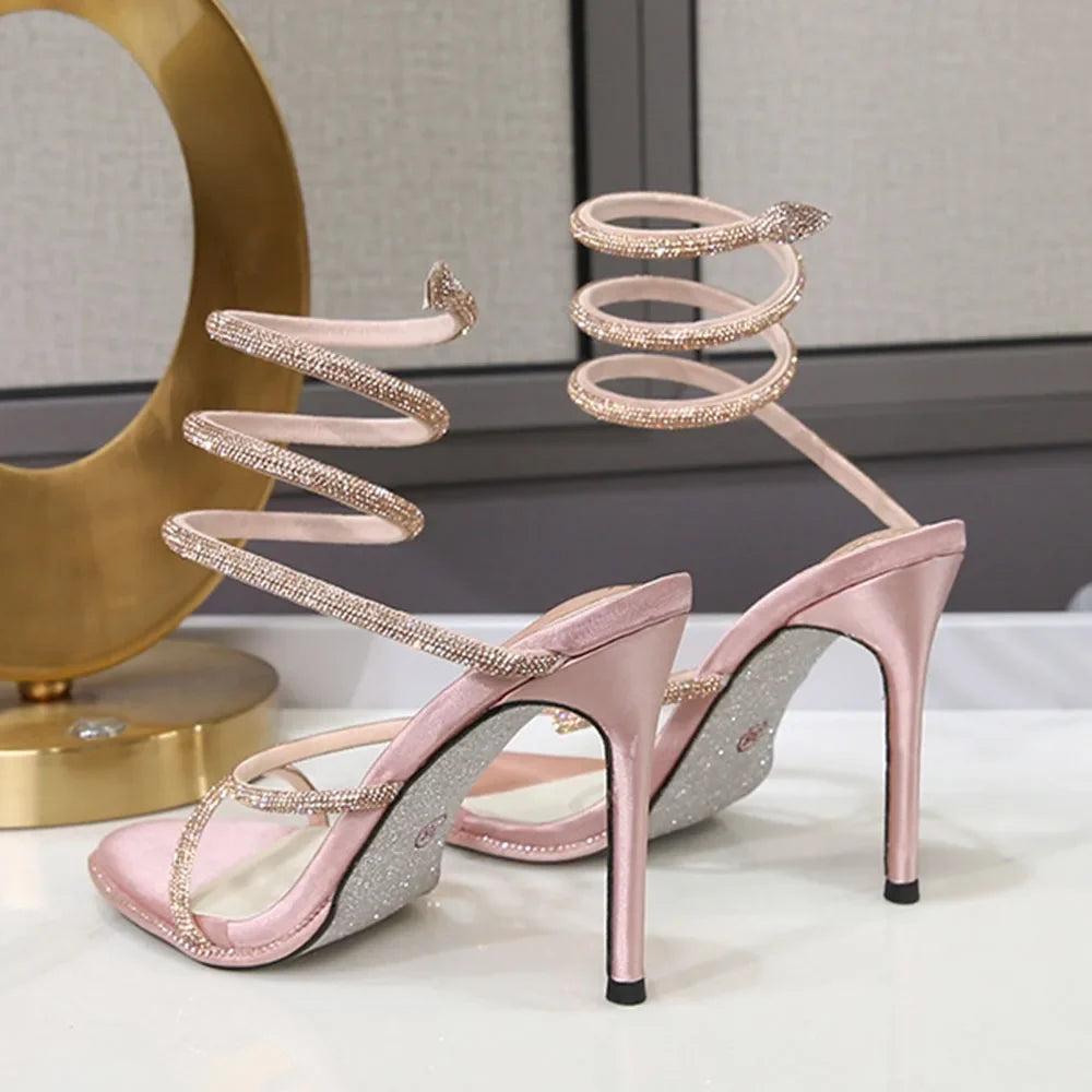 2026 Brand New Summer Sexy 10cm High Stiletto Heels Sandals for Women Wedding Rhinestones Ankle Wrap Party Shoes Big Size 42
