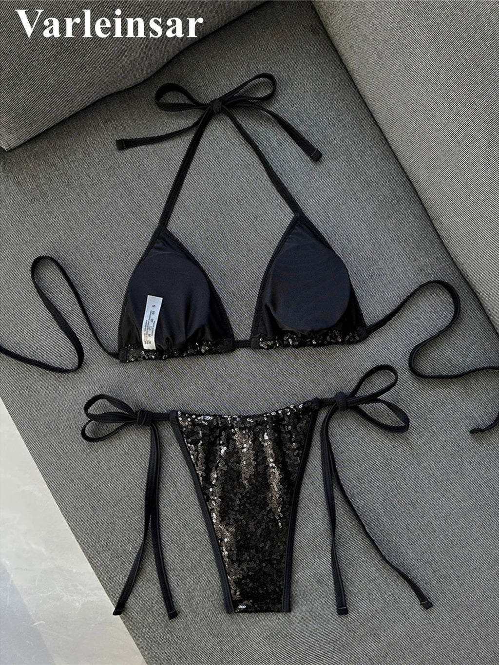Sequins Halter Bikini Female Swimsuit Women Swimwear Two-Pieces Bikini Set High Cut Leg Padded Bather Bathing Suit Swim V8302