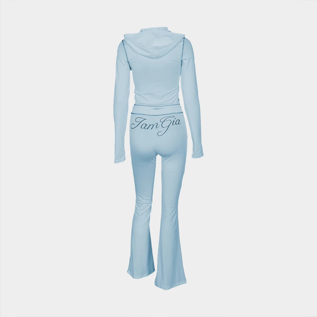 2026 New Women Ins Fashion Solid Color Sexy Straight Shoulder Contrast Stitch Long Sleeve 2 Piece Outfit