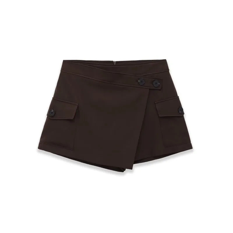 Women's Workwear Skirt-pants Dark Brown Wrap Design Cargo Skort With Pockets For Women High Waist Summer Shorts Elegant 56S3