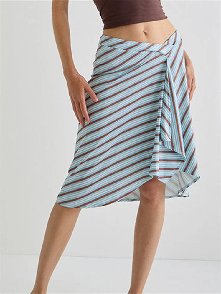 Summer Solid/Stripe/Plaid Midi Skirts for Women Casual Elegant A-Line Skirt for Beach Vacation Streetwear