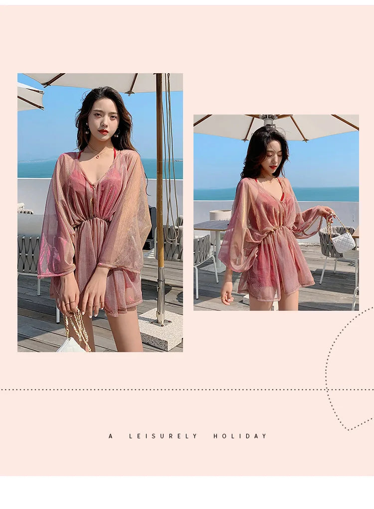 New women's swimsuit split bikini three-piece boxer long-sleeved spa swimsuit