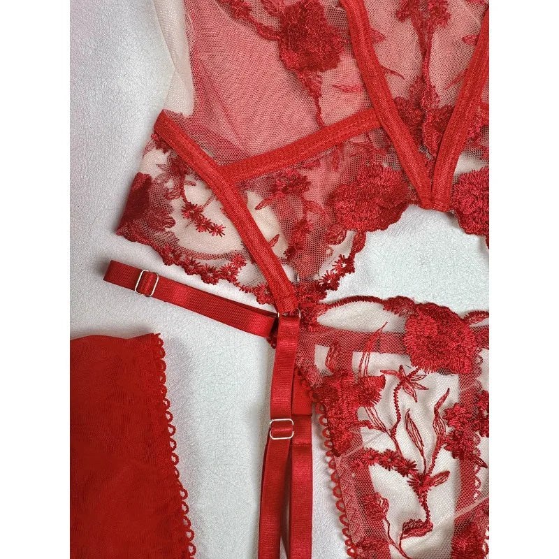 Toucheart Christmas Erotic Lingerie Seductive Embroidery Mesh Women See-through Body Shaping Sexy Pure Desire Hot Underwear Set