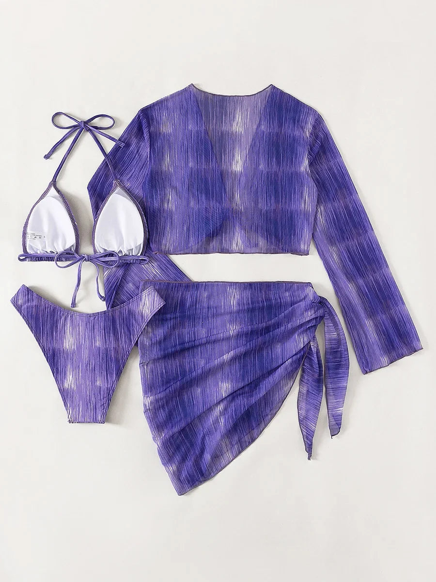 4PCS With Mesh Sheer Sarong Long Sleeve Bikini Female Swimsuit Women Swimwear Four-pieces Bikini Set Bathing Suit Swim Beachwear