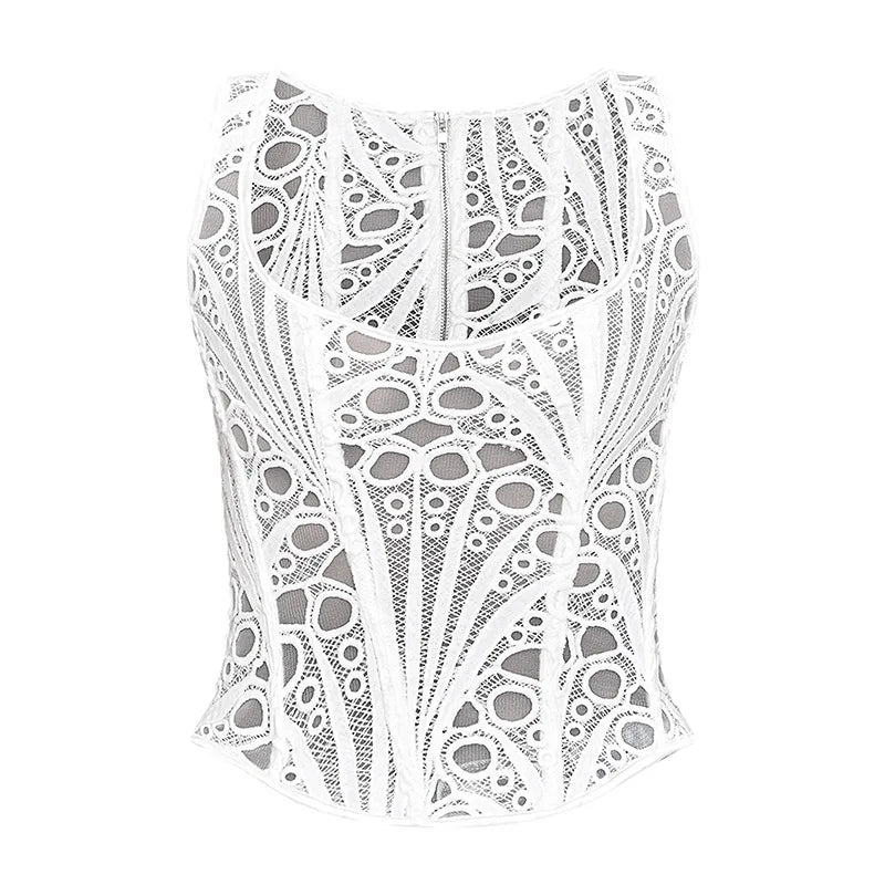 Lace Double Layer Fitted Corset Casaul Style Waist Trainer Mesh Solid Color Hollow Out Backless Suspenders Sleeveless Top CSSX