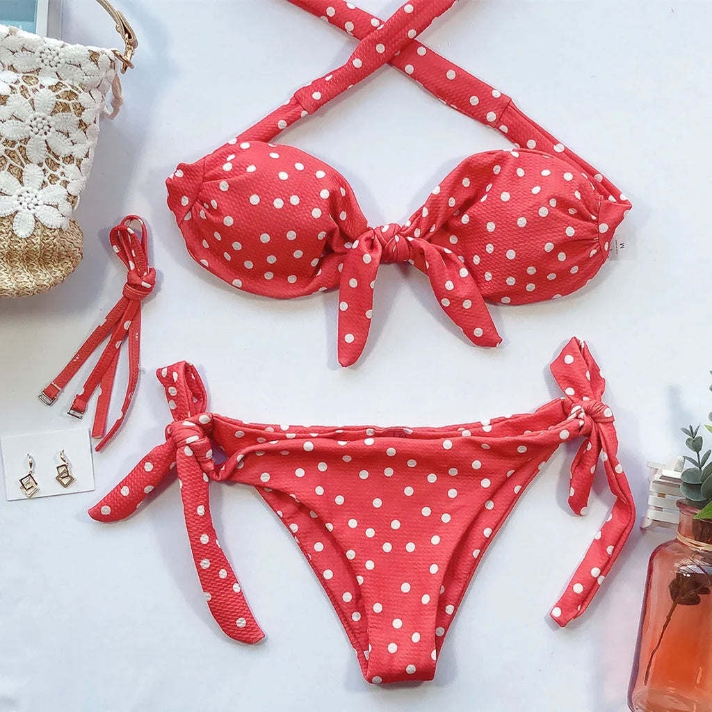 Sexy Leopard Polka Dot Knotted Brazilian Bikini Women Swimwear Female Swimsuit Two-pieces Bikini Set Bather Bathing Suit V643