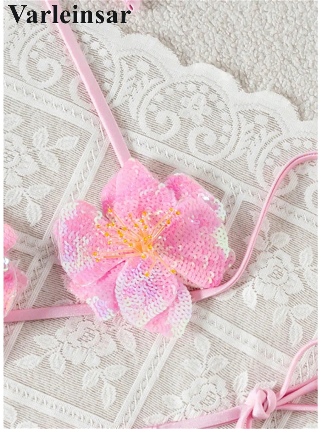 S - XL New Shiny 3D Flowers Halter Bikini Female Swimsuit Women Swimwear Two-Pieces Bikini Set Bather Bathing Suit Swim V7703