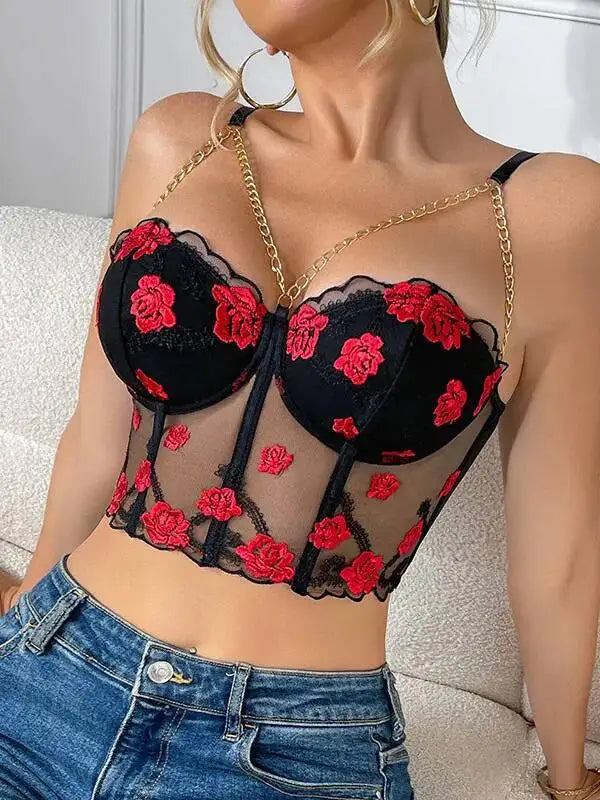 Spicy Girl Fishbone Bra Floral Strap Camisole Sexy Underwire Tube Top Flower Embroidered Top Transparent Pure Desire Casaul OCI1