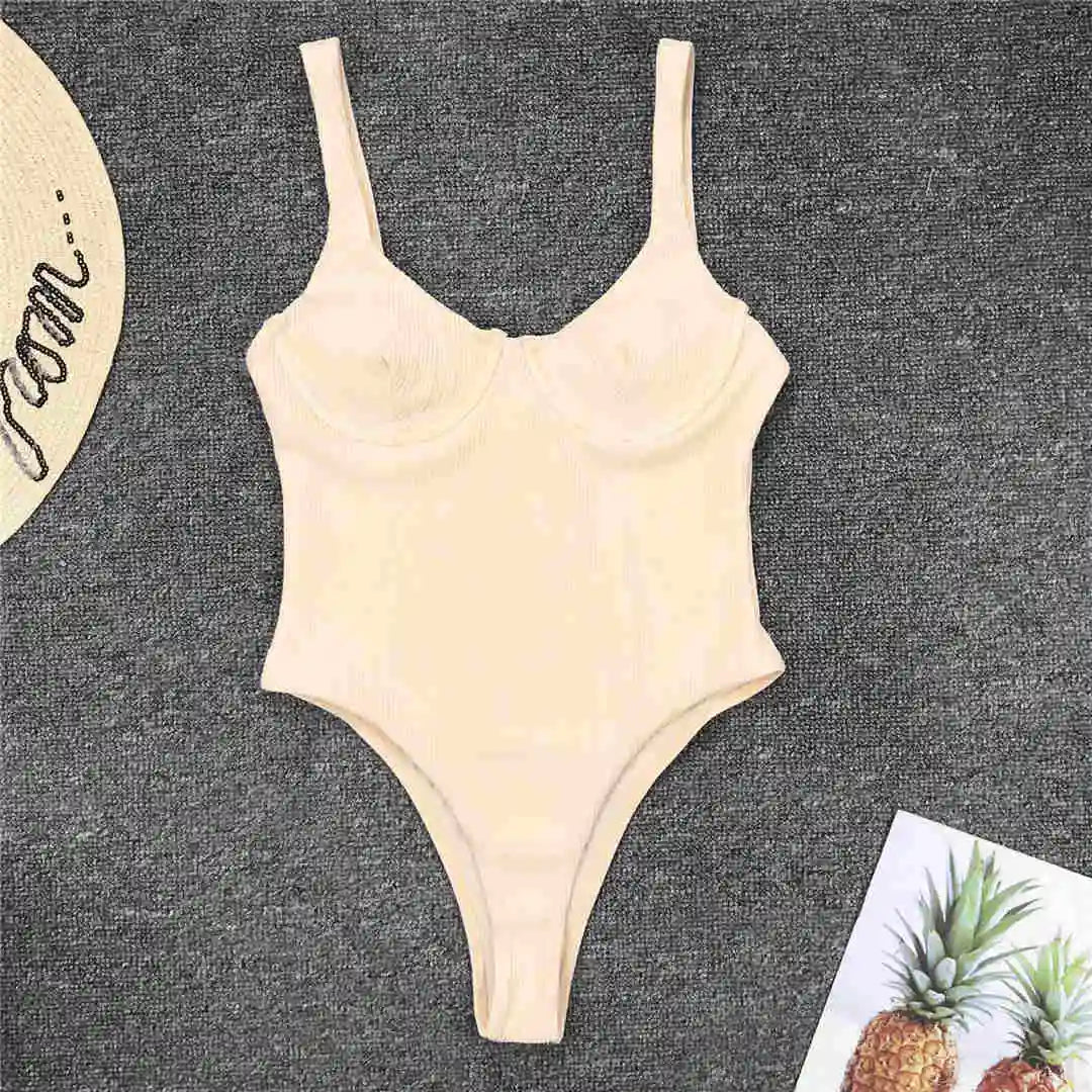 S - XL New Sexy High Cut Women Swimwear Ribbed Underwired One Piece Swimsuit Female Bather Bathing Suit Swim Lady Bodysuit V1607