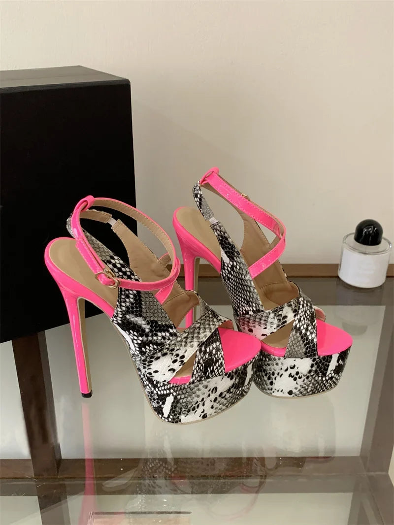 New Sexy Snake Print Leather Platform High Heels Sandals Women Fashion Peep Toe Buckle Strap Stiletto Party Dress Shoes