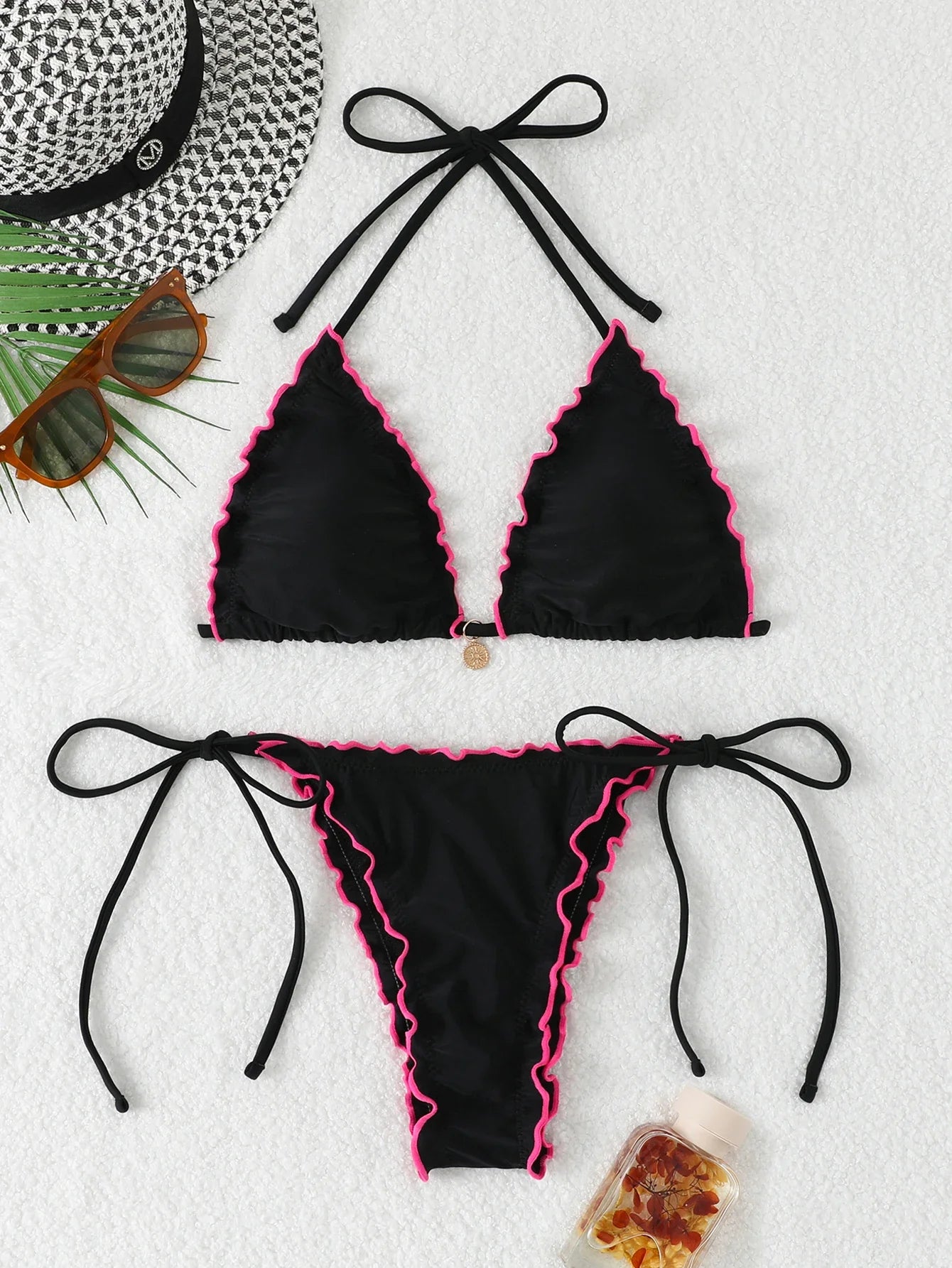 Triangle Halter String Bikinis 2026 Women Sexy Ruffle Swimsuit Solid Cherry Swimwear Female Bathers Bathing Swimming Swim Suit