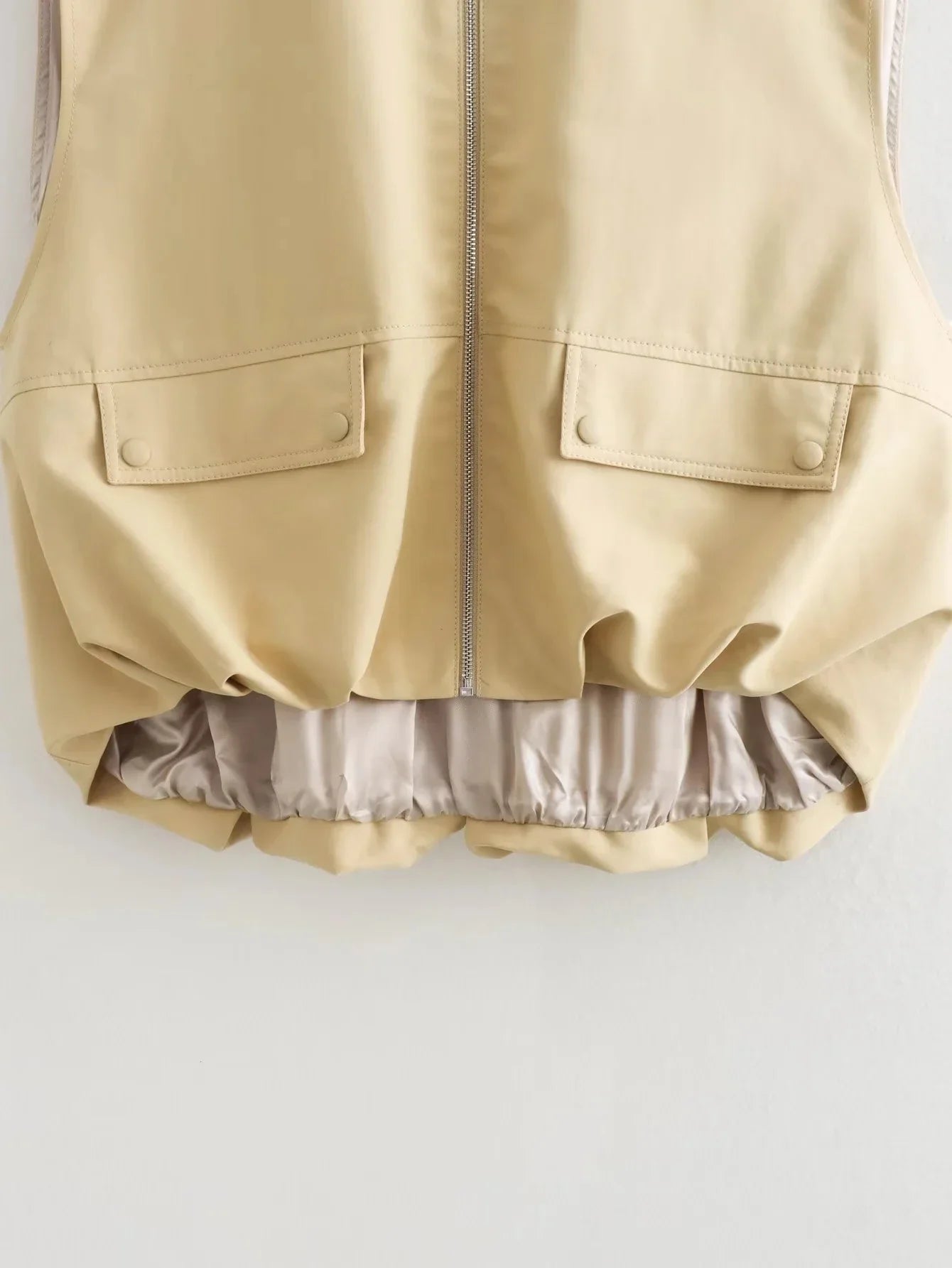 Foridol Padded Beige Waistcoat Folds Winter Sleeveless Vest Coat Turtleneck Pockets Zipper Autumn Thick Warm Parka Jacket