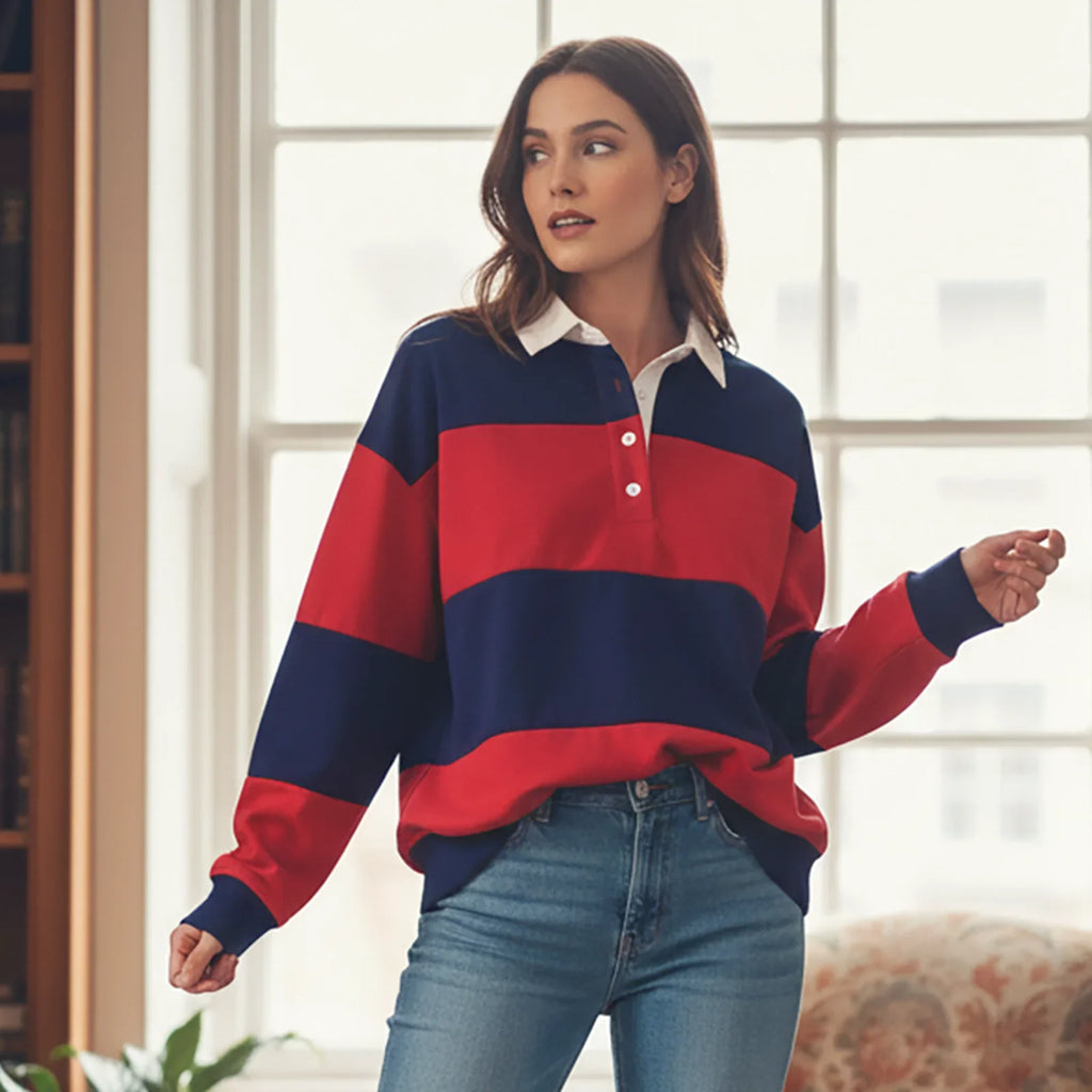 Women Long Sleeve Spring Fall Lapel Collar T-shirts Striped Contrast Color Loose Pullovers Streetwear Tops