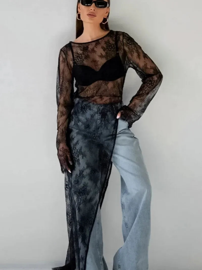 Woman Clothing 2026 O-neck Hollow Out High Slit Long Maxi Lace Dress Black Streetwear Ladies See-through Black T-shirt Dresses