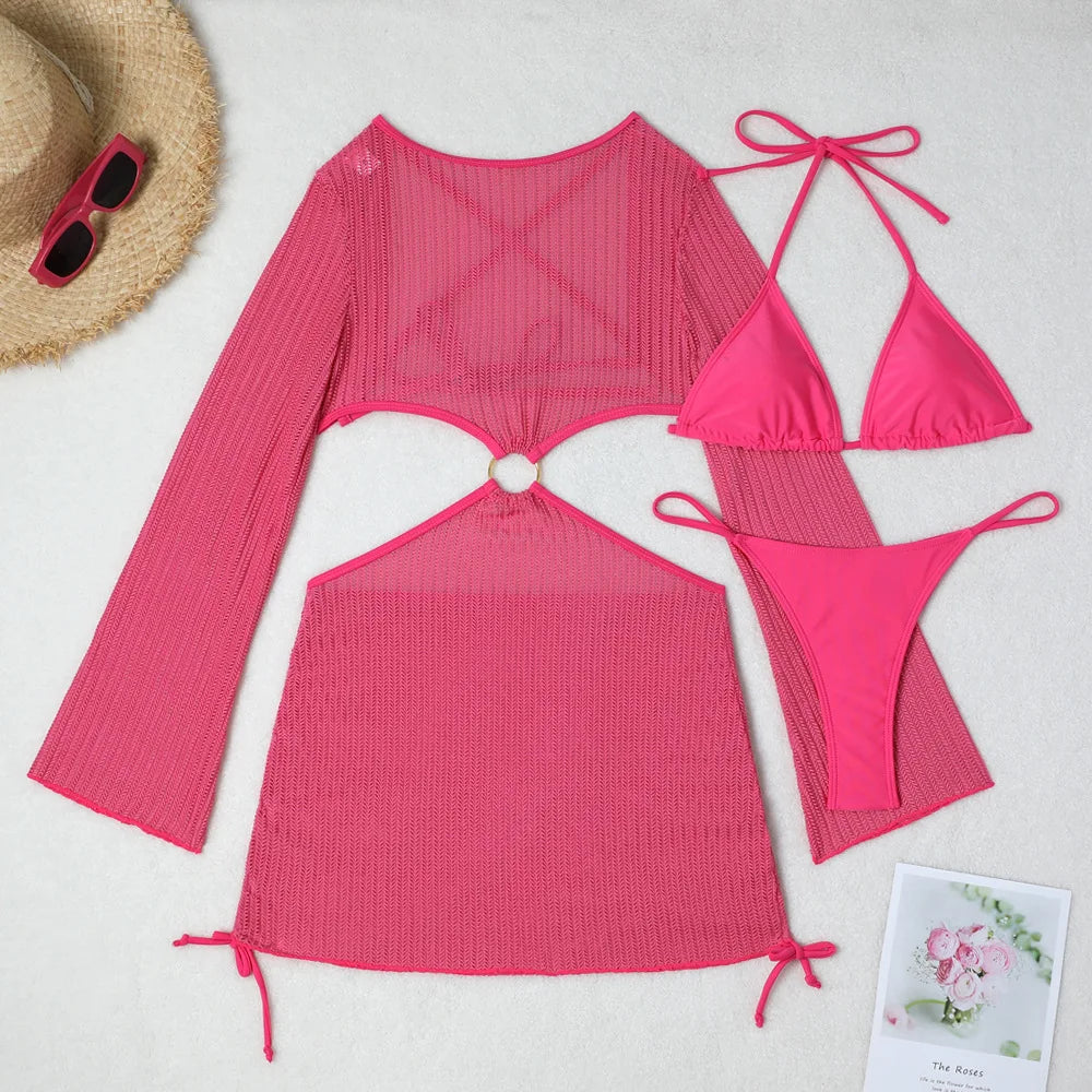 Women micro mini halter bikinis sets 3pcs with knitted long sleeve hollow out mini dress swimsuit bathing suit beach outfits