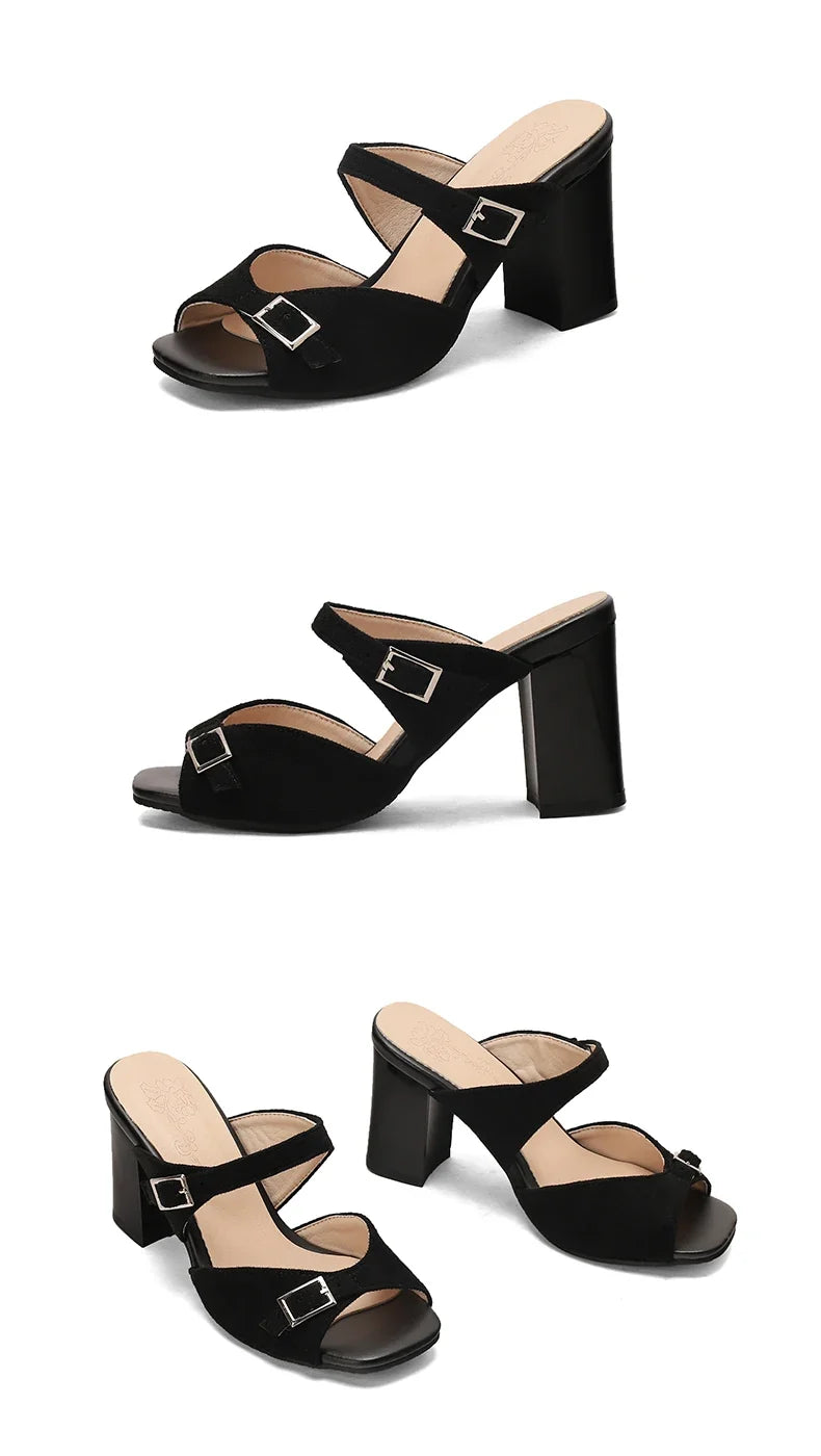 Fashion Leopard Print Square Heel Slippers Summer New Square Toe Metal Buckle Non-slip Wear-resistant Kitten Heel Shoes