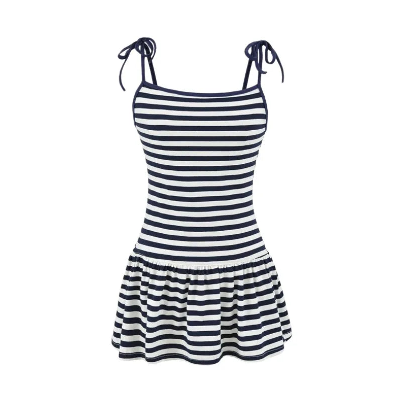 Sweet Double-shoulder Strap Striped Color-block Camisole For Women Unique Design Patchwork Pure Desire Dress Elegant Casual WIKO