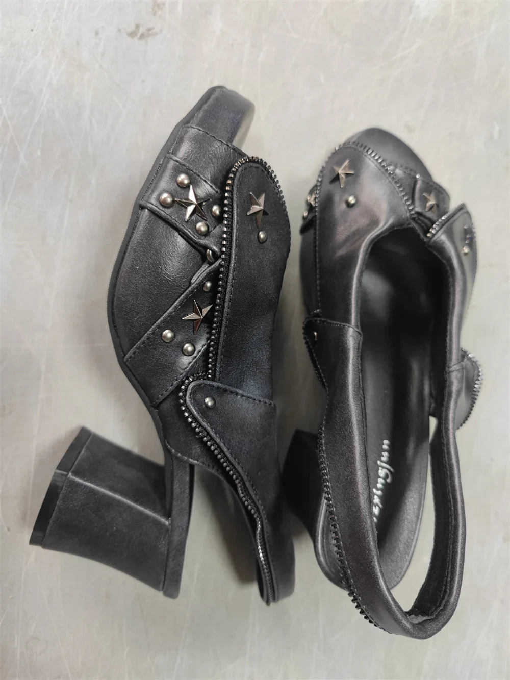Brand New Women's Y2K Star Rivet Platform Sandals 2000's Peep Toe Slingback Chunky Heel Distressed Denim High Heeled Shoes