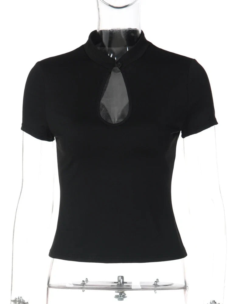 FDYOUI Fashion Stand Collar Button Hollow Out T-shirt for Women 2026 Sexy Short Sleeve Slim Cropped T Shirts Black Wine Red Tops