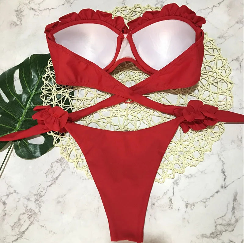 DEKA Bandeau Bikini Women's Sexy Push Up Set Two Piece Swimsuit Floral Bathing Suit Swimwear Summer Beachwear