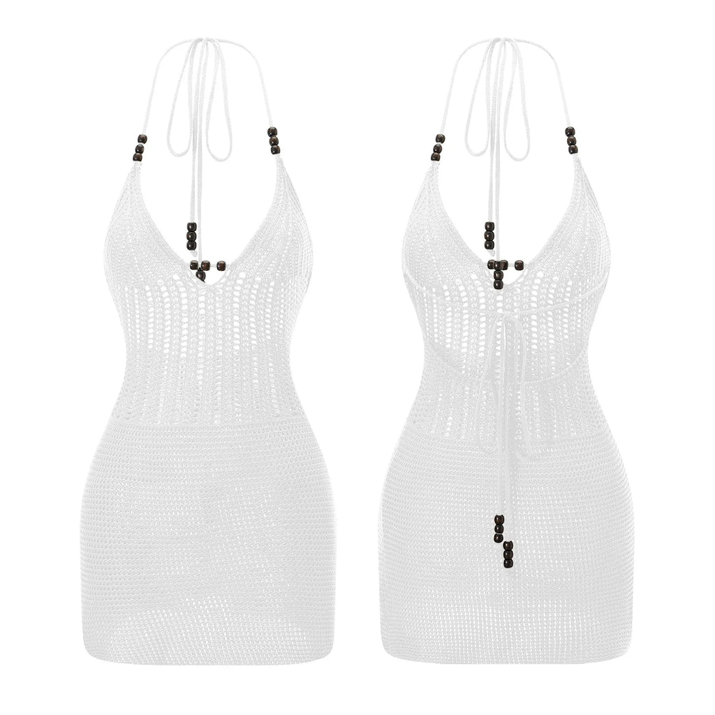 Women Backless Halter Mini Dress Casual Summer Knit Crochet Cutout Bodycon Party Dress for Beach Club Streetwear