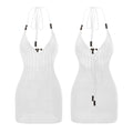 Women Backless Halter Mini Dress Casual Summer Knit Crochet Cutout Bodycon Party Dress for Beach Club Streetwear