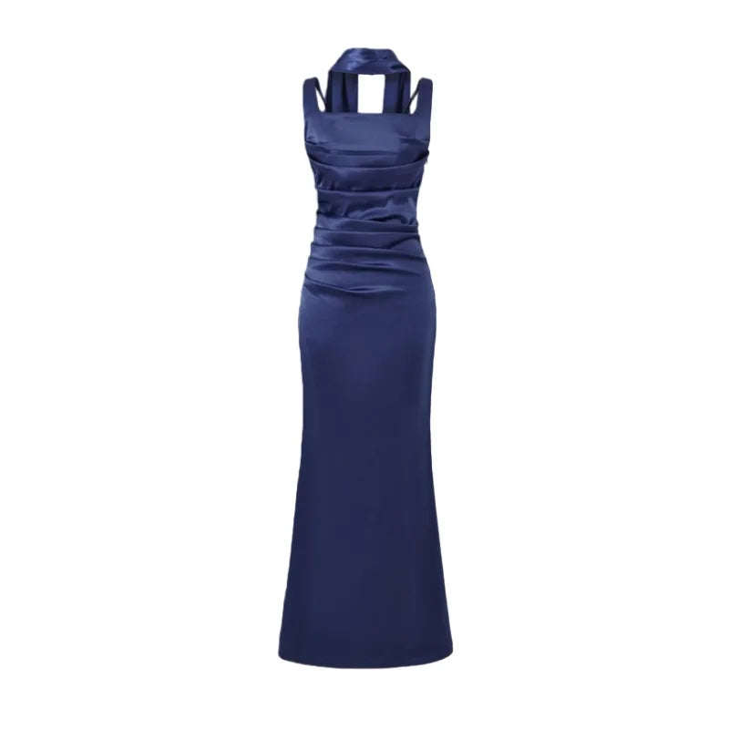 Pure Desire Style Collarbone-revealing Strapless Long Dress Feminine And Slim-fitting With Pleated Waist Tie Straps Bodycon LWIO
