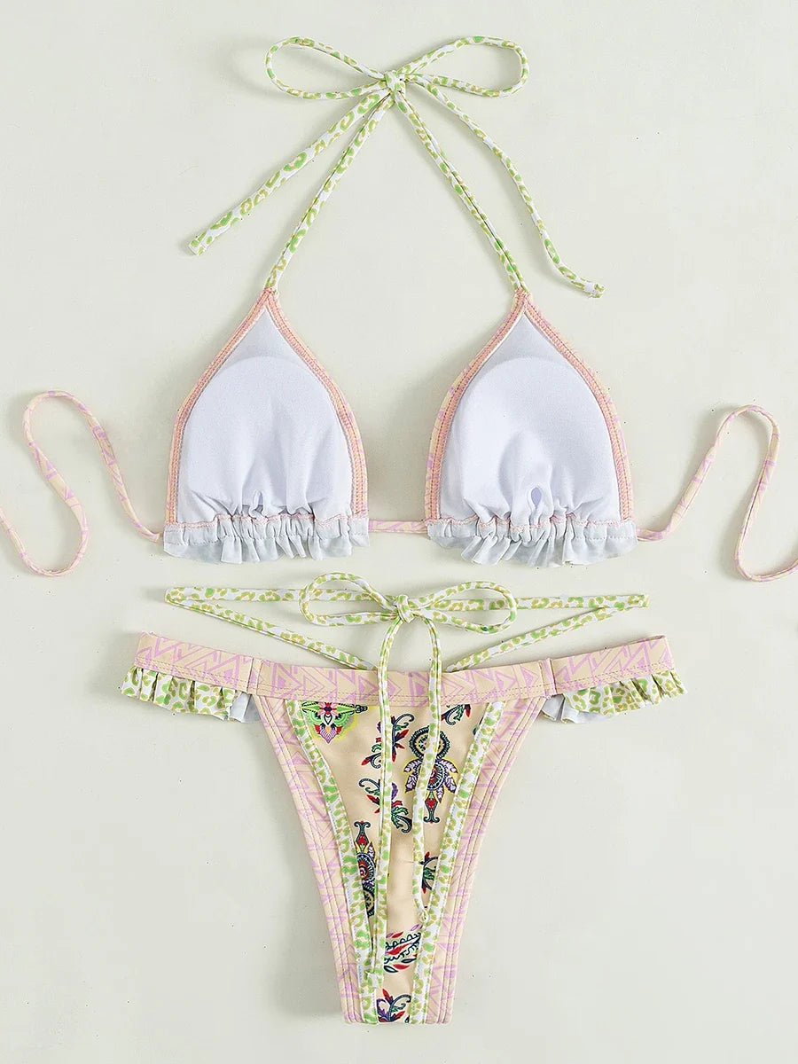 Floral Print Halter Ruffle Frilled Bikini Women Thong Swimwear Female Swimsuit Two-pieces Bikini Set Bathing Suit Swim Beachwear