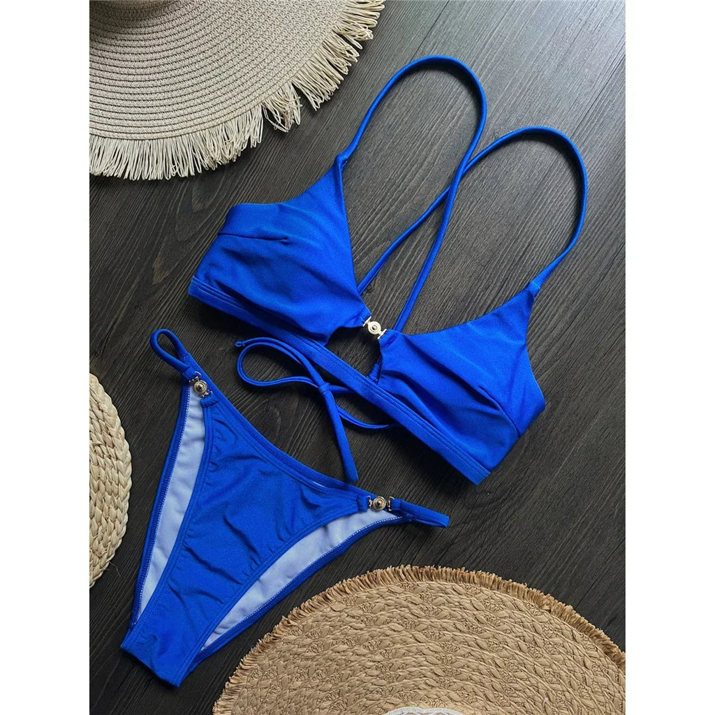 7 Colors New Cross Back Bikini Female Swimsuit Women Swimwear Two-pieces Bikini set High Leg Cut Bather Bathing Suit Swim V8252